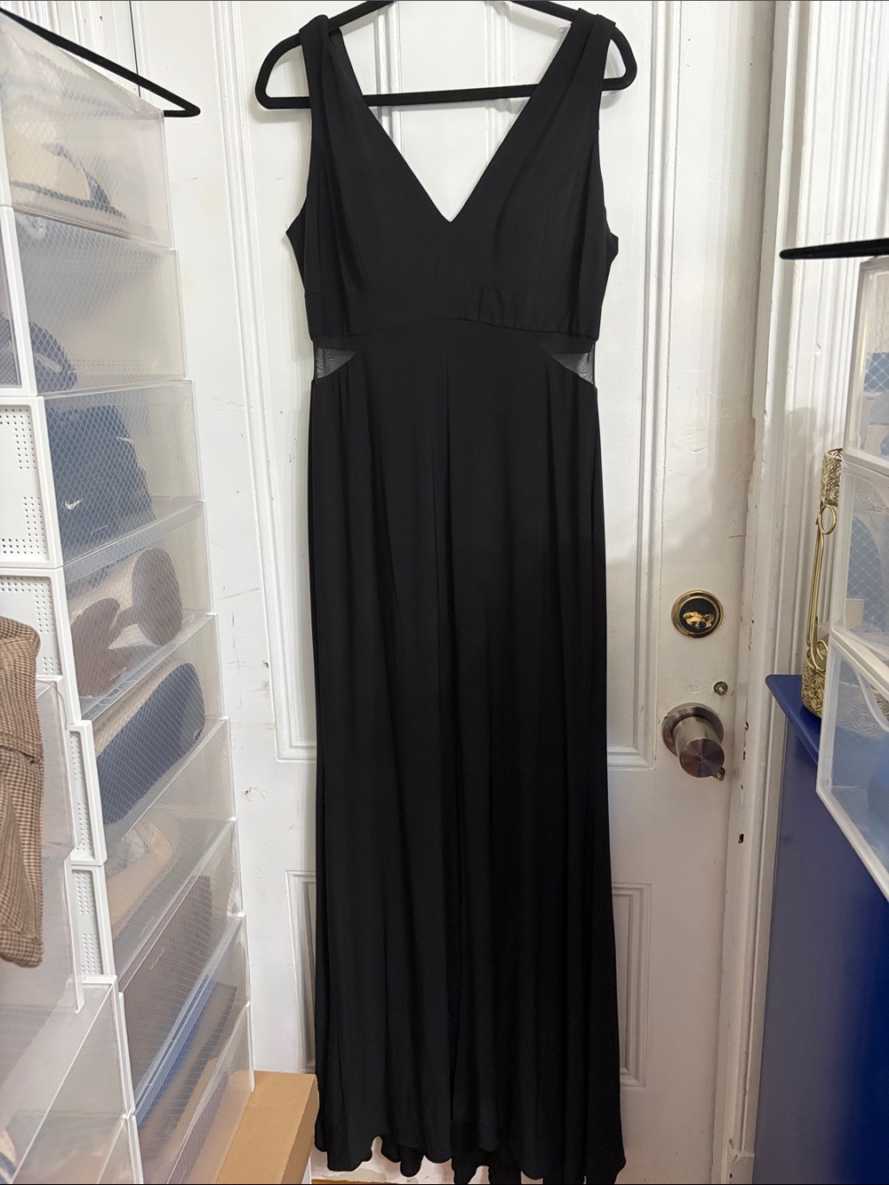 Xscape Black V-Neck Sleeveless Maxi Dress with Mesh Insets - Picture 1 of 3